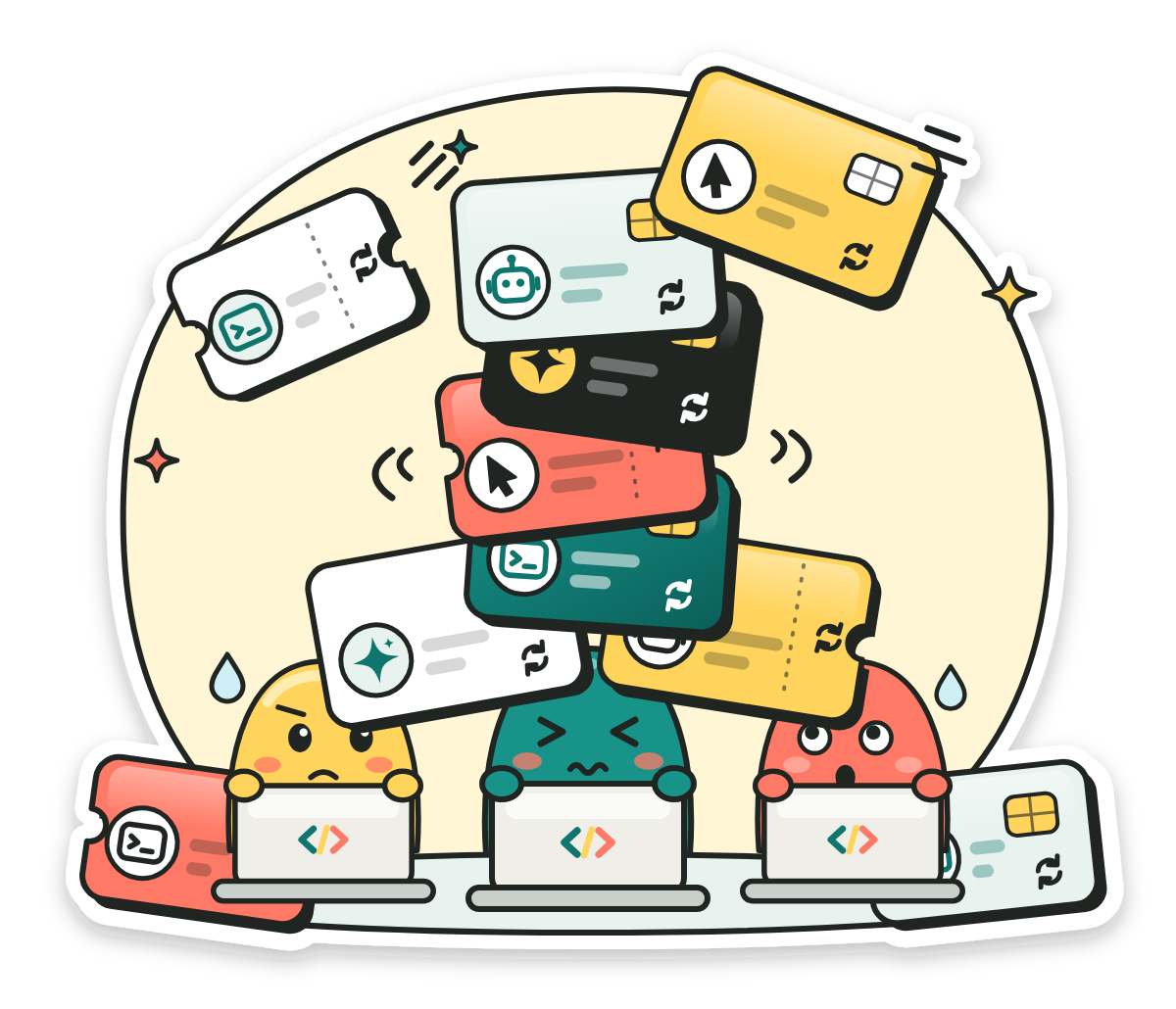 Three cartoon developers with laptops buried under a wobbling tower of AI subscription cards.