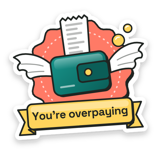You're overpaying: a wallet growing wings and flying off, trailing a very long receipt.
